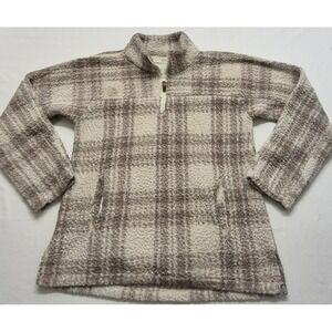 BKE women's tan/brown plaid fleece 1/4 zip pullover pockets jacket sz. Lg